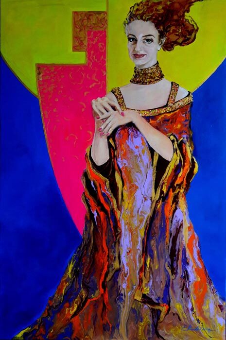 Frau in ornamentalem Kleid vor leuchtend blauem Grund, Acryl