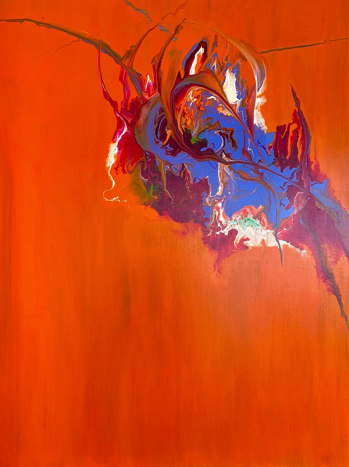 Abstrakte Komposition auf leuchtend rotem Grund, Acryl