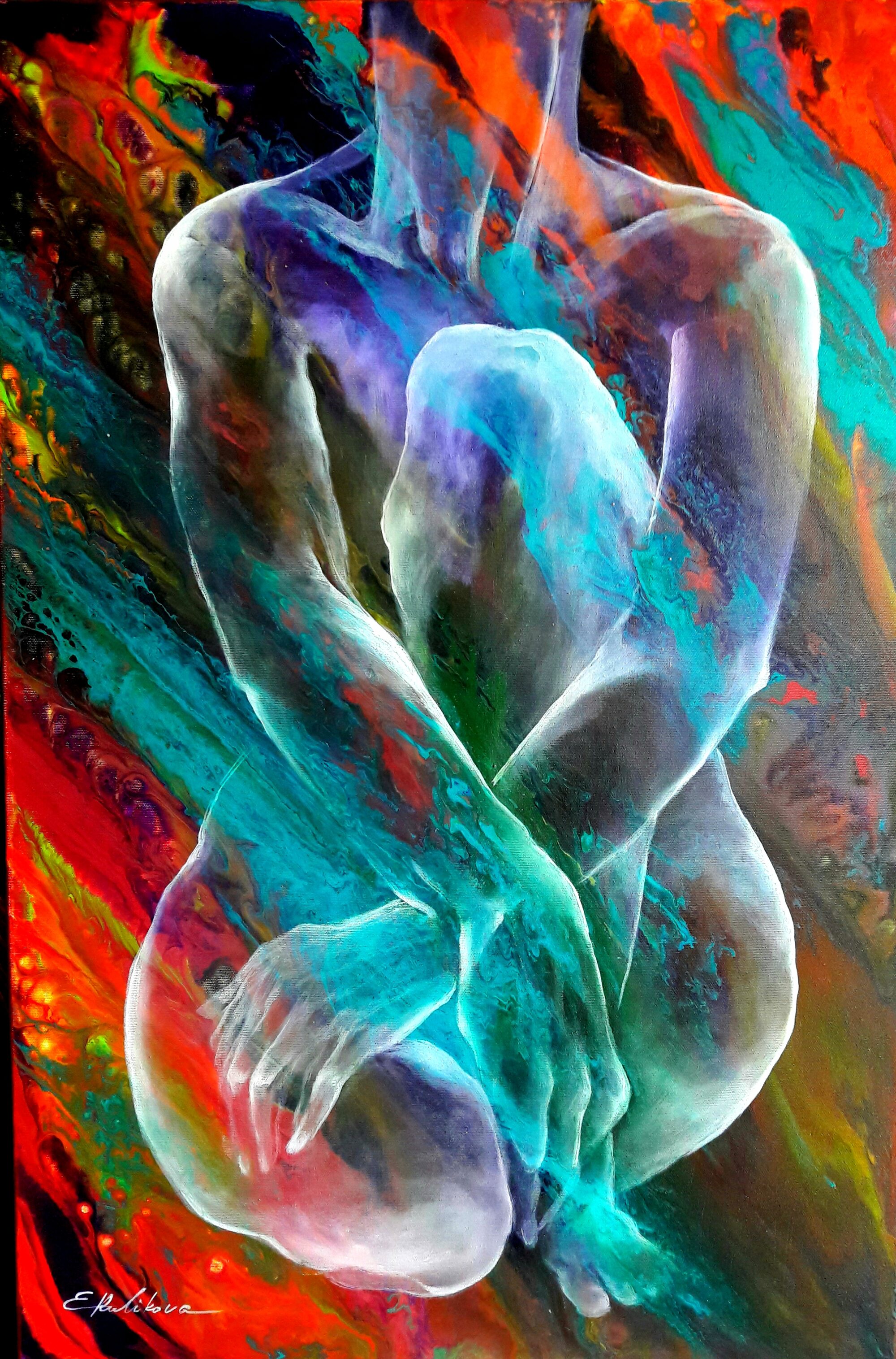 Sitzender weiblicher Akt, umflossen von Regenbogenfarben, Acryl