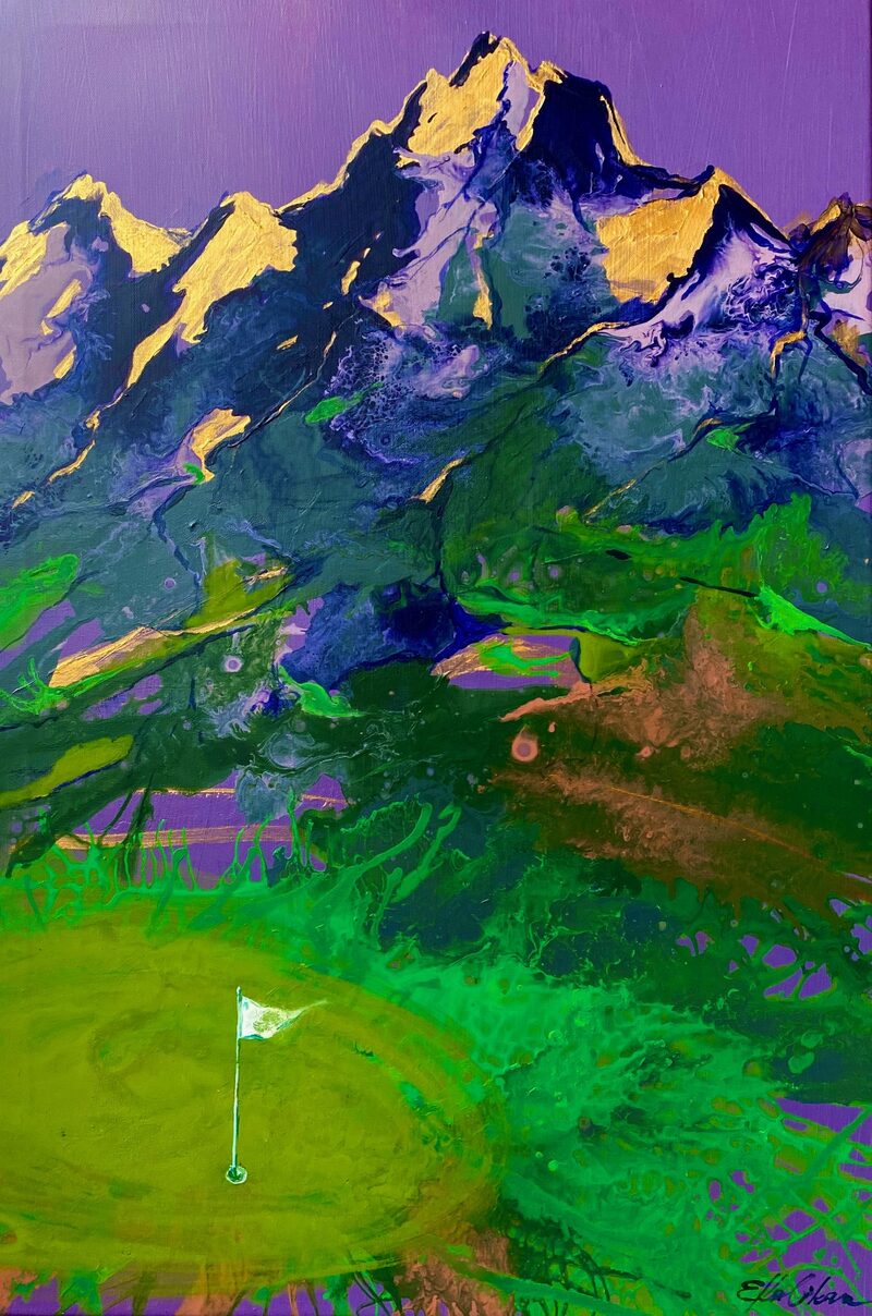 Alpine Berglandschaft in Grün- und Blautönen, Acryl