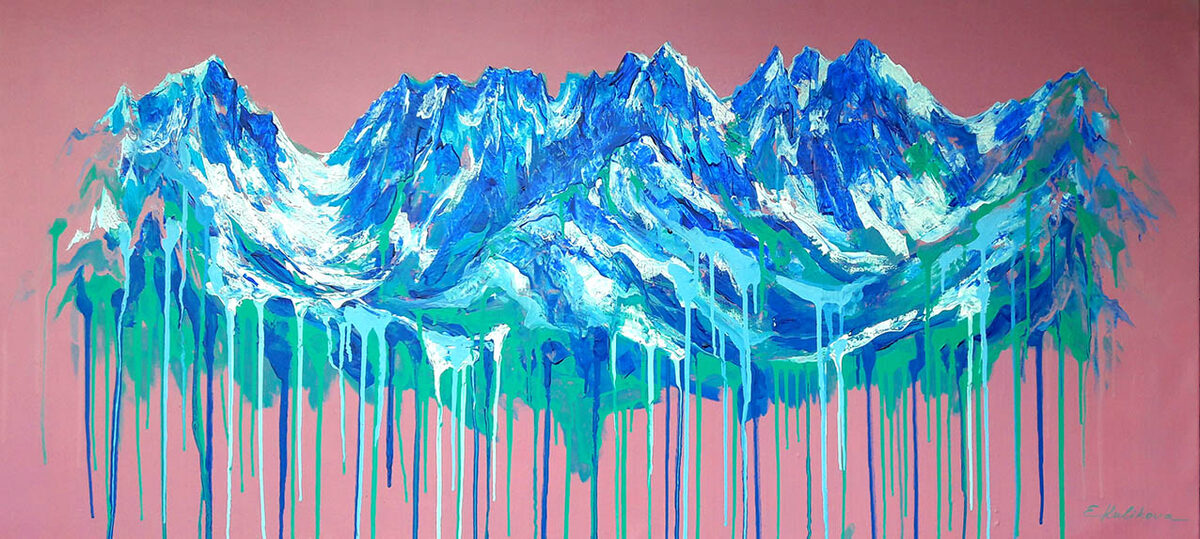 Türkise Bergkette, deren Farbe auf rosafarbenem Grund verläuft, Acryl