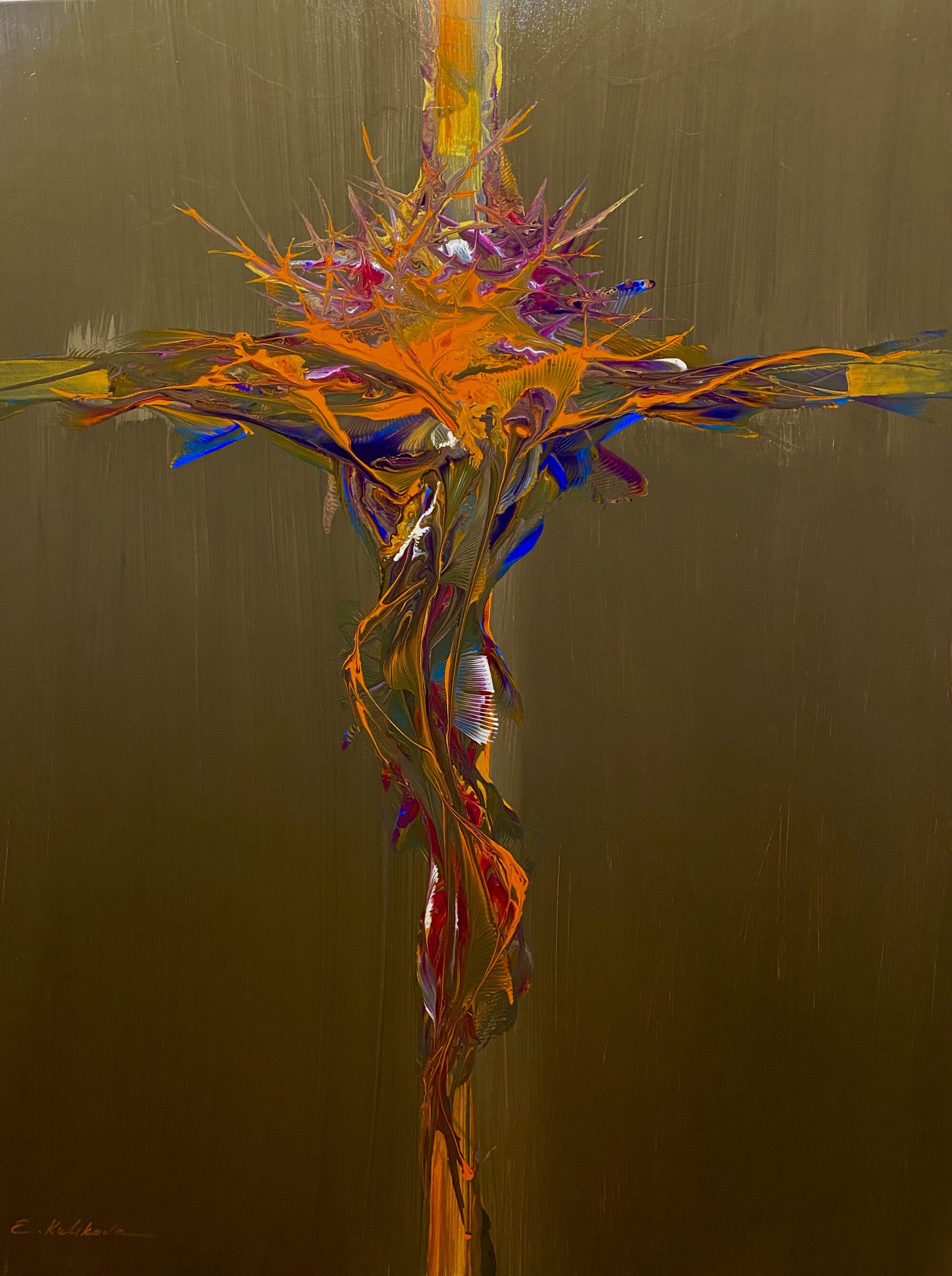 Kreuz aus Blüten auf olivfarbenem Grund, Acryl
