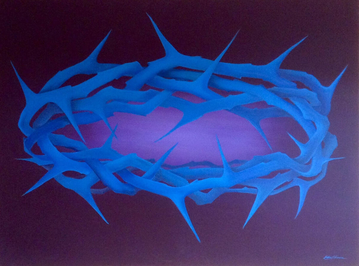 Blau leuchtender Dornenkranz auf violettem Grund, Acryl