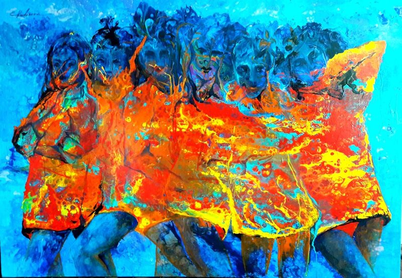 Rot-orangefarbene Figurengruppe auf leuchtendem Blau, Acryl