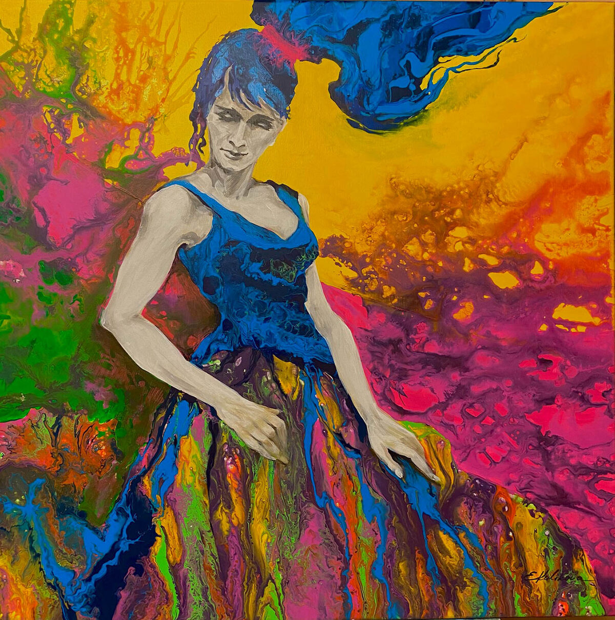 Tänzerin, deren blaues Kleid in gelb-rosa Farbspritzer übergeht, Acryl