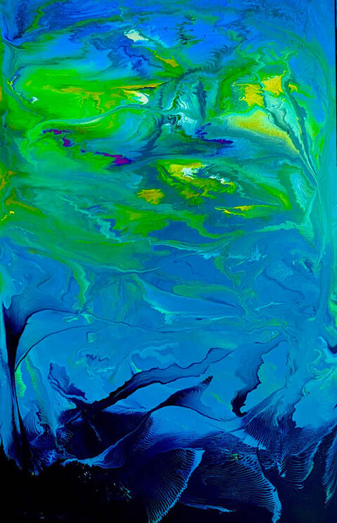 Fließende abstrakte Komposition in Grün und Blau, Acryl