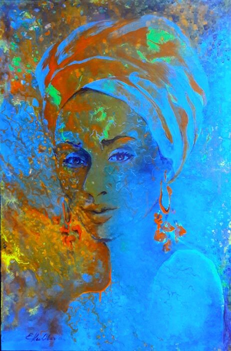 Frauengesicht in Blau- und Goldtönen, abstrahiert, Acryl