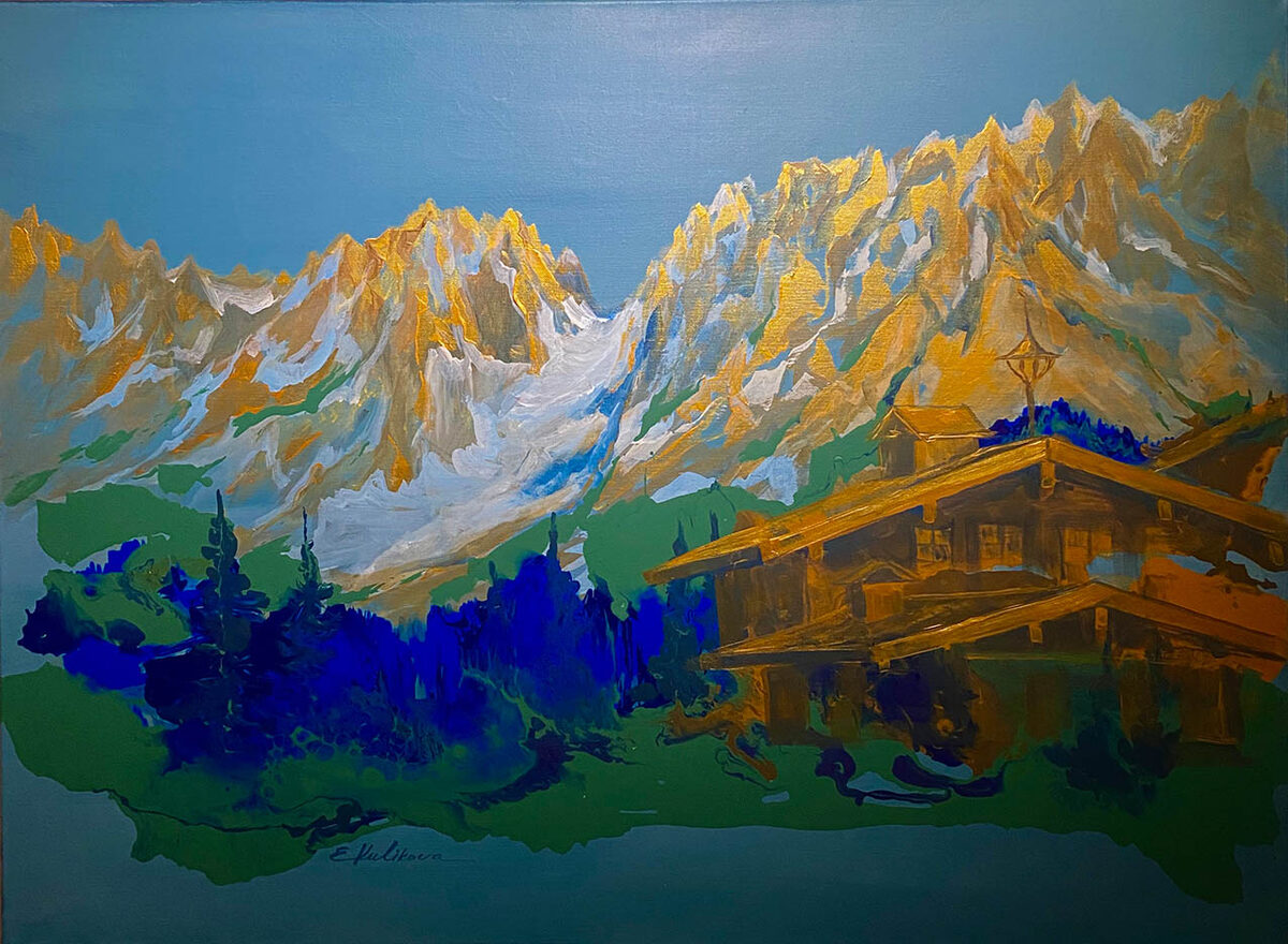 Alpenpanorama mit Berghütte in Gold- und Blautönen, Acryl