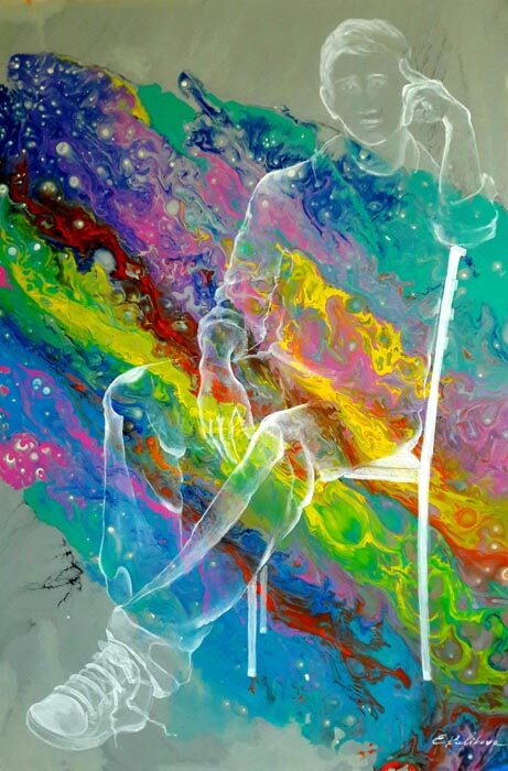 Figur mit Sportschuh vor einem diagonalen Regenbogen-Farbstrom, Acryl