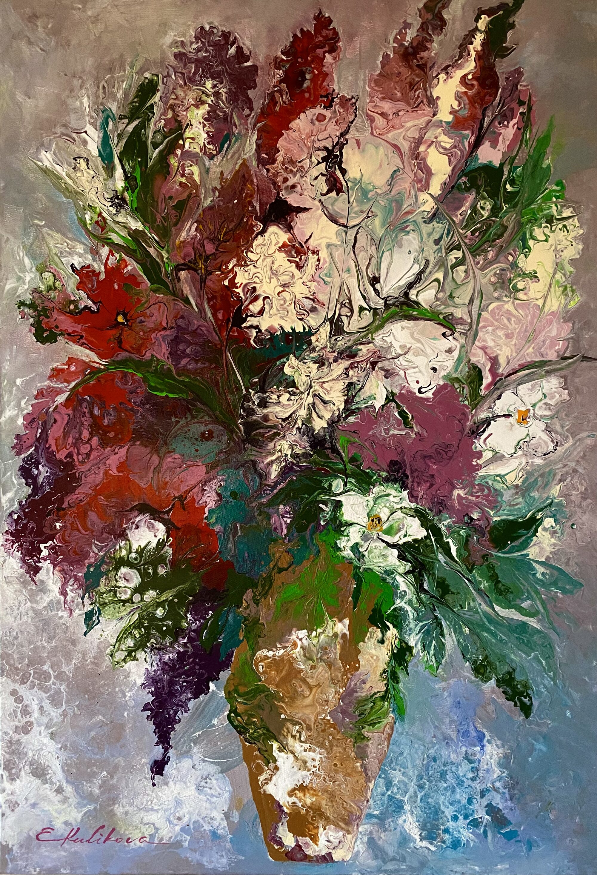 Klassisches Blumenstillleben mit Vase, pastos gemalt