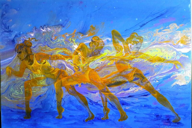 Goldene Pferde- und Läuferfiguren in Bewegung auf blauem Grund, Acryl