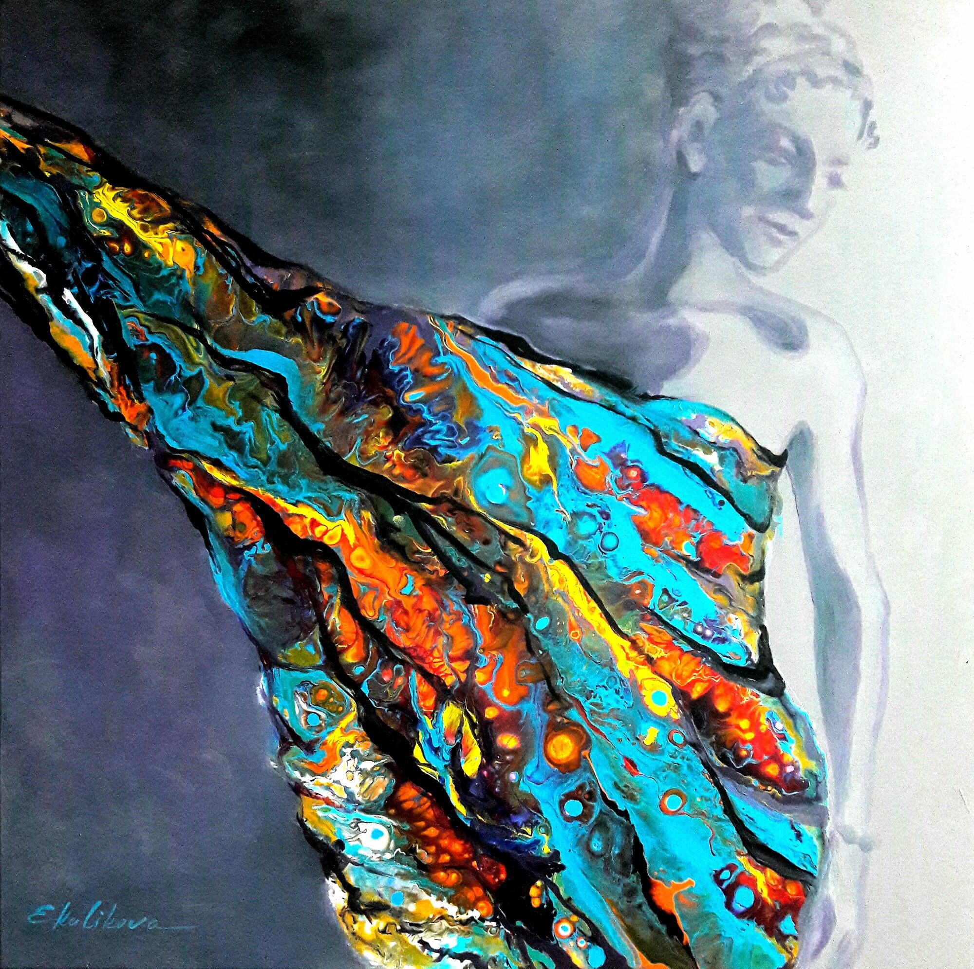 Helle Figur mit türkis-orangefarbenem Tuch, Acryl