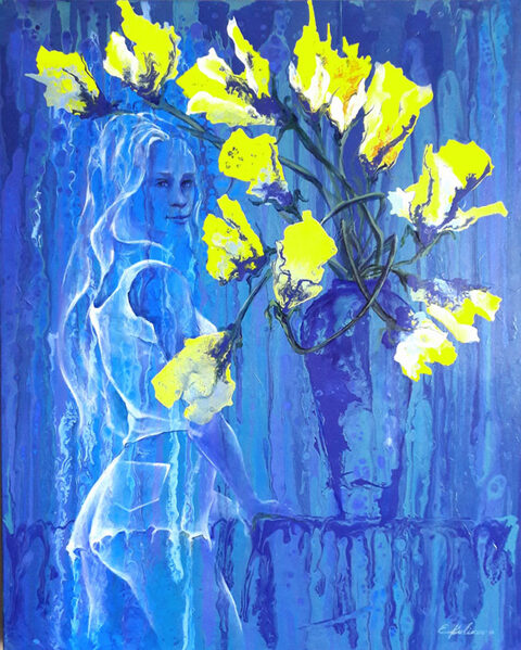 Gelbe Callas vor blauer Frauensilhouette, Acryl