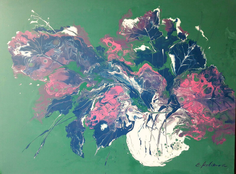 Dunkler Strauß in weißer Vase auf grünem Grund, Acryl