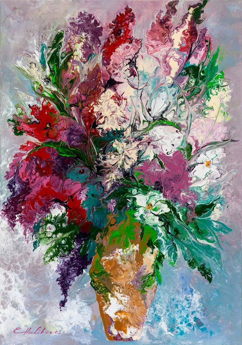 Fliederstrauß in warmen Violett- und Rosatönen, Acryl