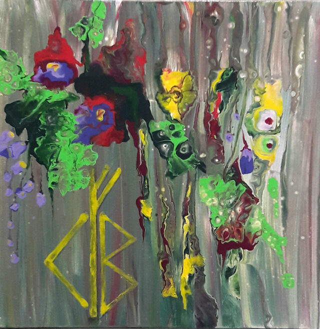 Abstrahierte Blüten mit goldenem Zeichen, kleines Format, Acryl