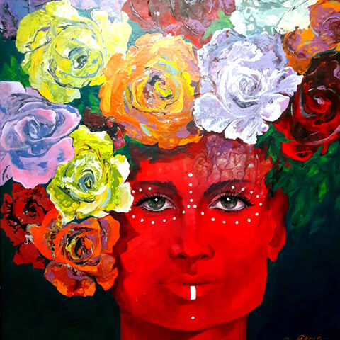 Rotes Gesicht mit einer Krone aus vielfarbigen Rosen, Acryl