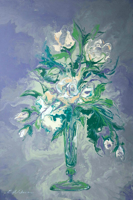 Weißer Blumenstrauß in Vase auf grauem Grund, Acryl