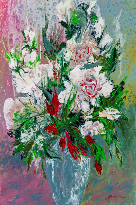 Strauß mit weißen und roten Blüten, pastos gemalt, Acryl
