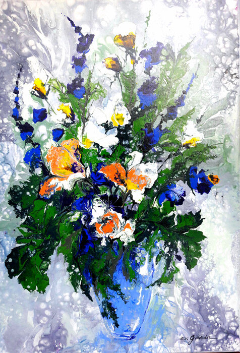 Wiesenblumenstrauß in Blau und Weiß, Acryl
