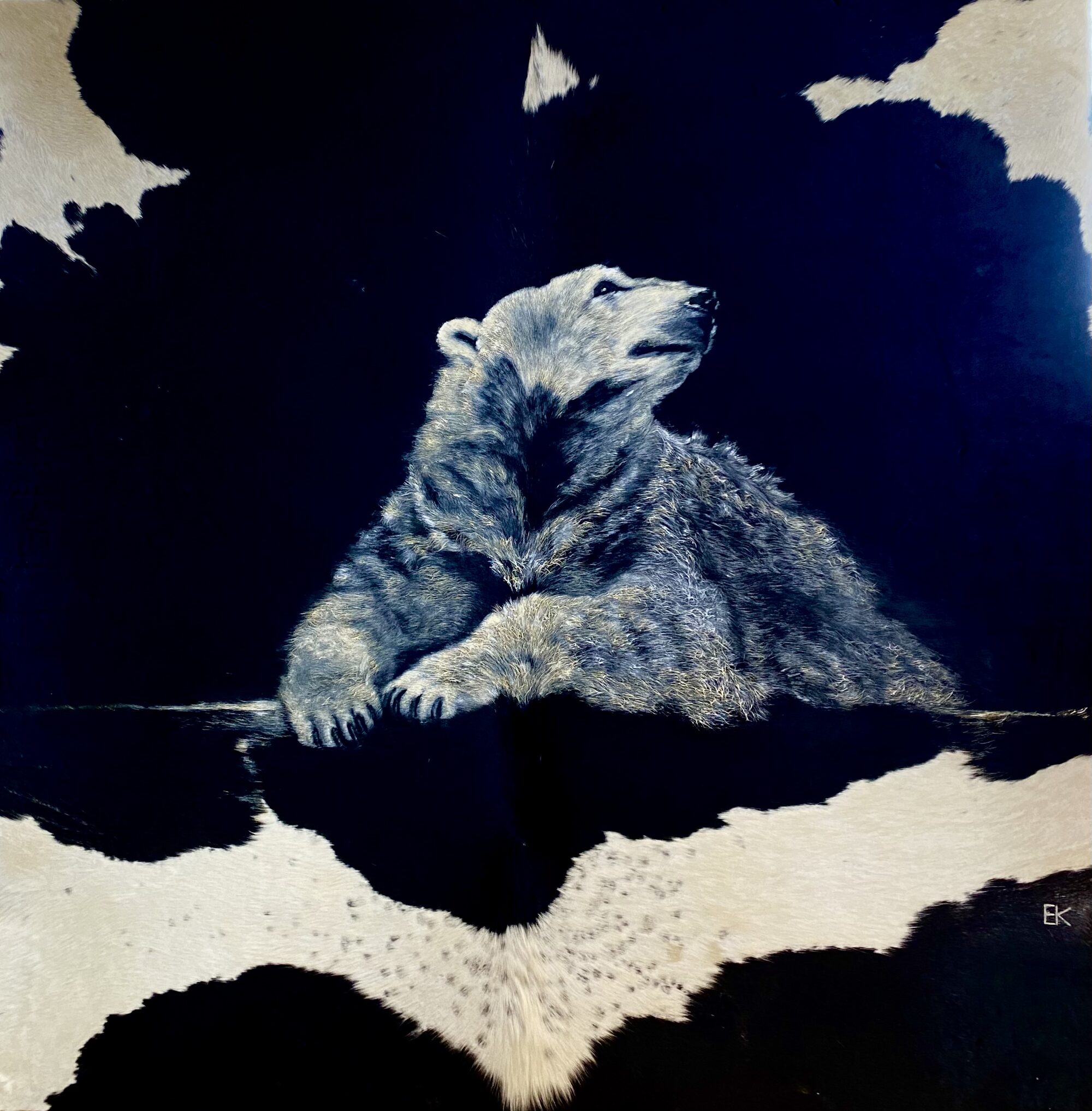 Liegender Eisbär, hell auf dunklem Fellgrund gemalt — die schwarz-weiße Fellzeichnung wird Teil der Landschaft