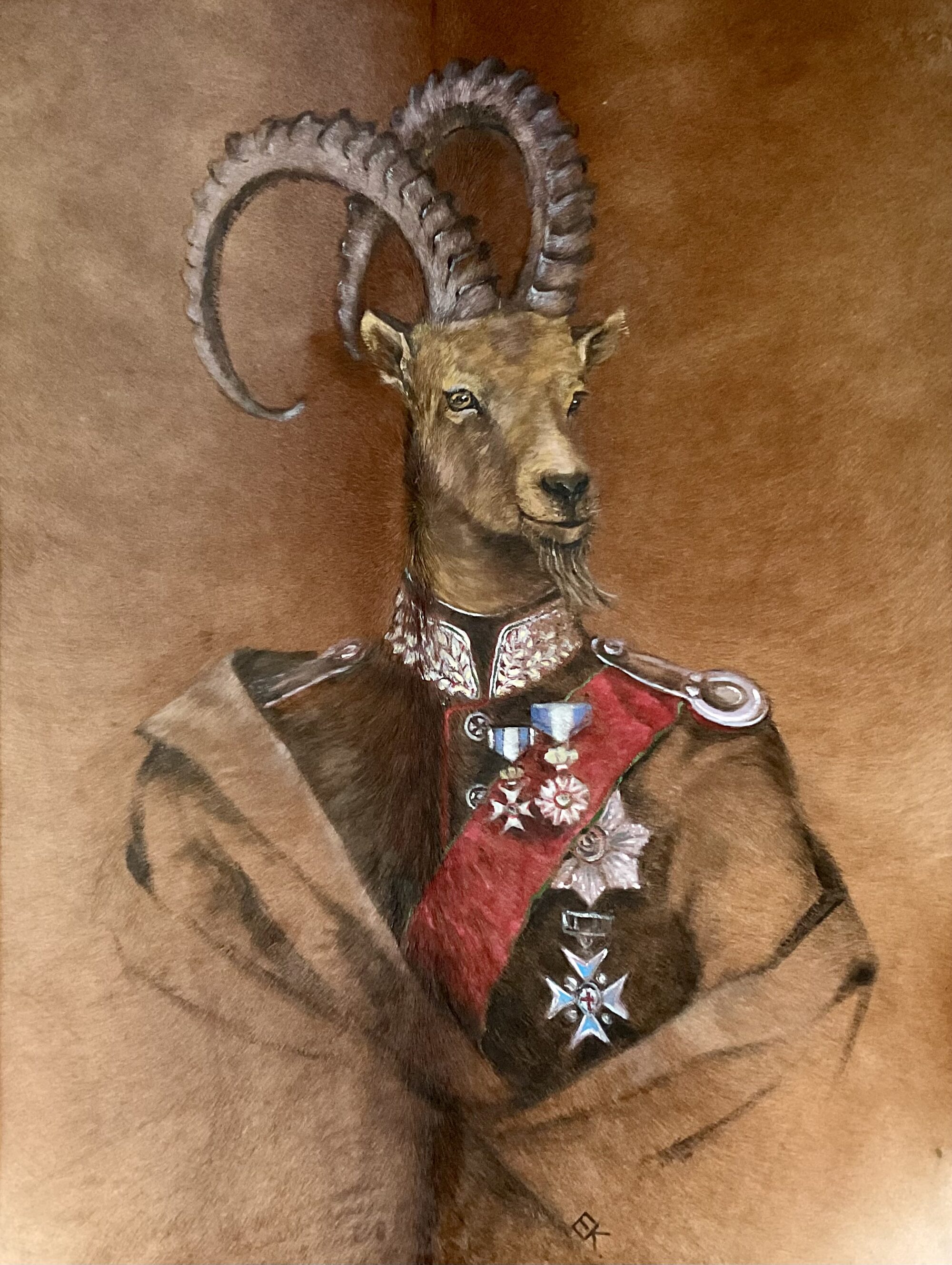 Steinbock im Uniformrock mit Orden — anthropomorphes Porträt auf braunem Fell