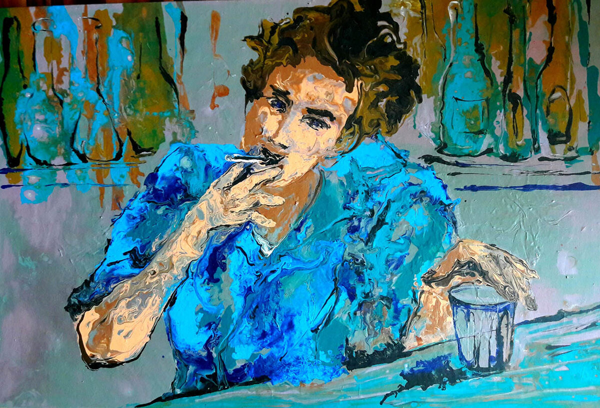 Mann an der Bar mit Zigarette, in Blautönen, Acryl