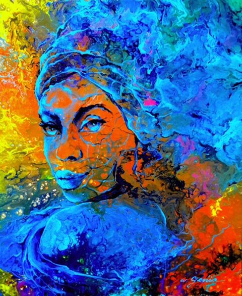 Frauengesicht in leuchtendem Blau vor orangefarbenen Farbspritzern, Acryl