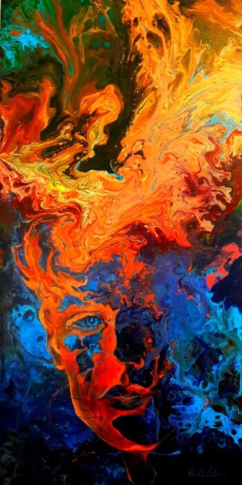Feurige Figuren in Orange und Blau, Acryl