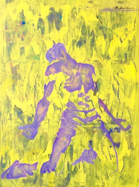 Violette Läuferfigur auf gelbem Grund, Acryl