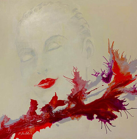 Frauengesicht mit roten Lippen und rotem Farbschwung auf hellem Grund, Acryl