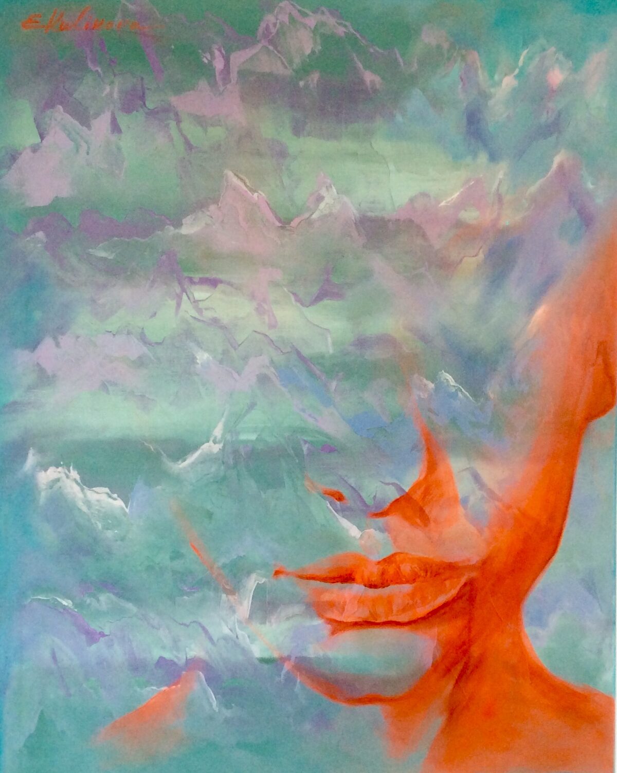 Rotes Profil einer Figur im Nebel, Acryl