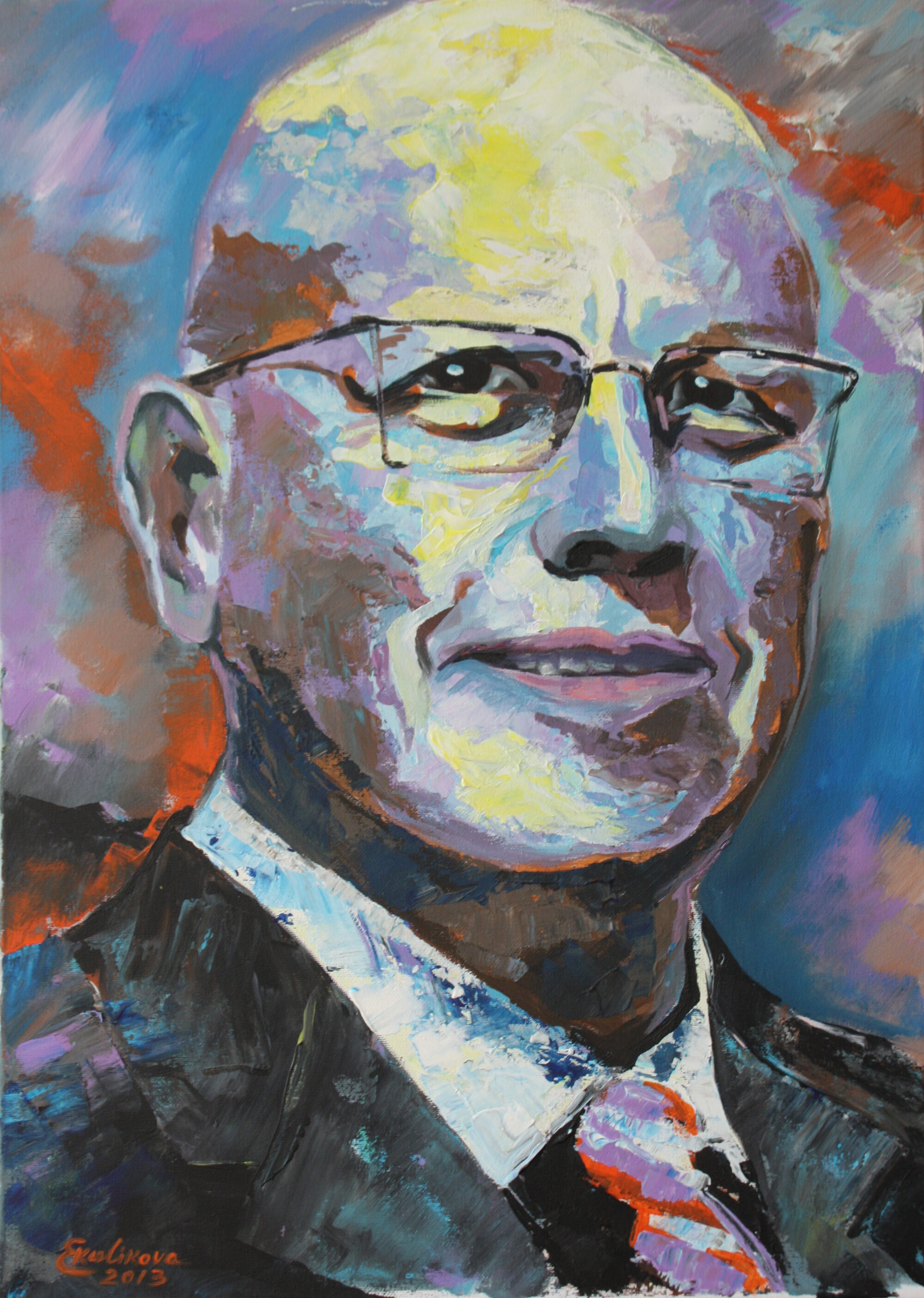 Portrait eines Mannes mit Brille in kräftigen Farbflächen