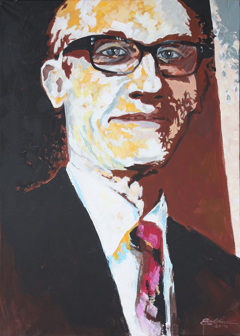 Portrait eines Mannes mit Brille und roter Krawatte, grau mit Farbakzenten
