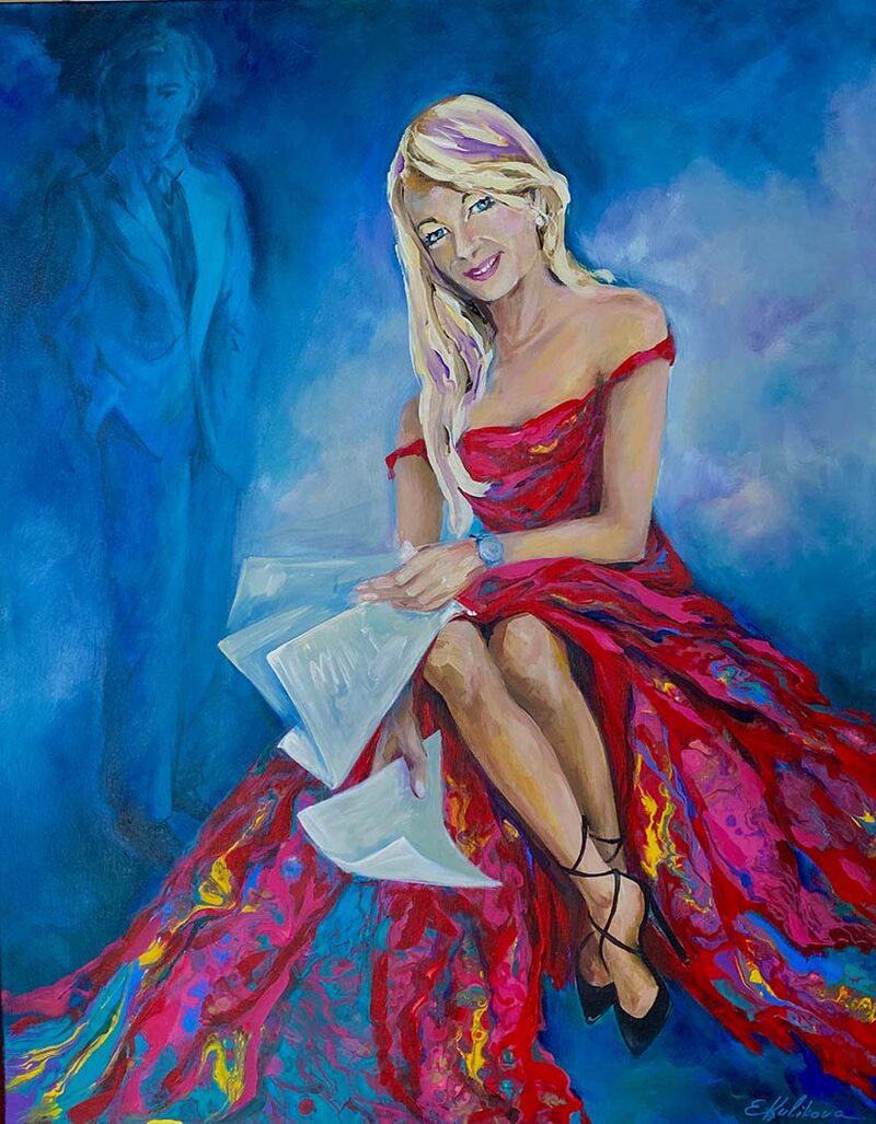 Portrait einer jungen Frau im roten Kleid, sitzend