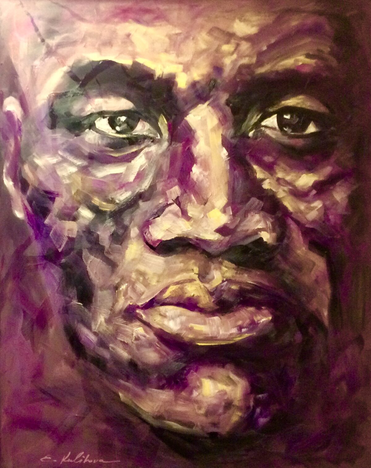 Ausdrucksstarkes Portrait eines Mannes in Violett- und Goldtönen
