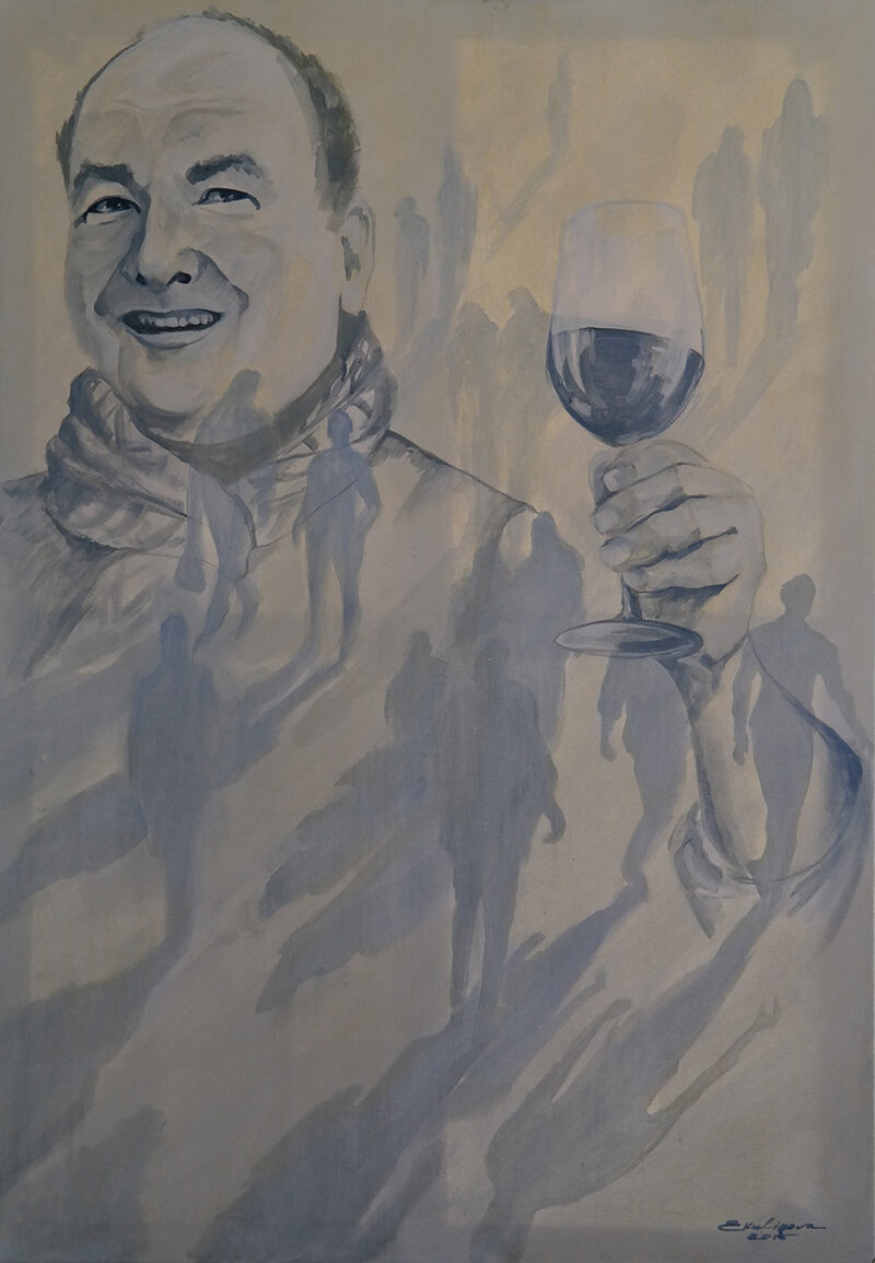 Skizzenhaftes Portrait eines Mannes mit Weinglas in Grautönen