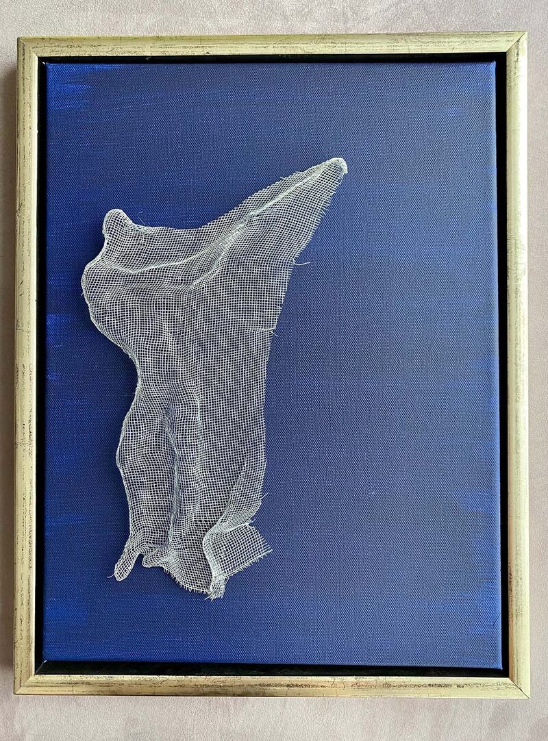 Weißer Torso aus feinem Drahtnetz, gerahmt auf blauem Grund