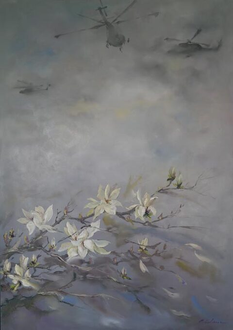 Zarte Magnolienblüten auf grauem Grund, Öl