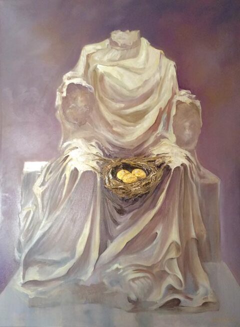 Weiß drapierte Figuren mit goldenem Nest, Acryl