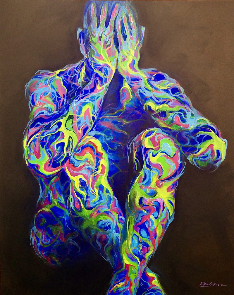 Figur in leuchtenden Neonfarben auf dunklem Grund, Acryl auf Leinwand