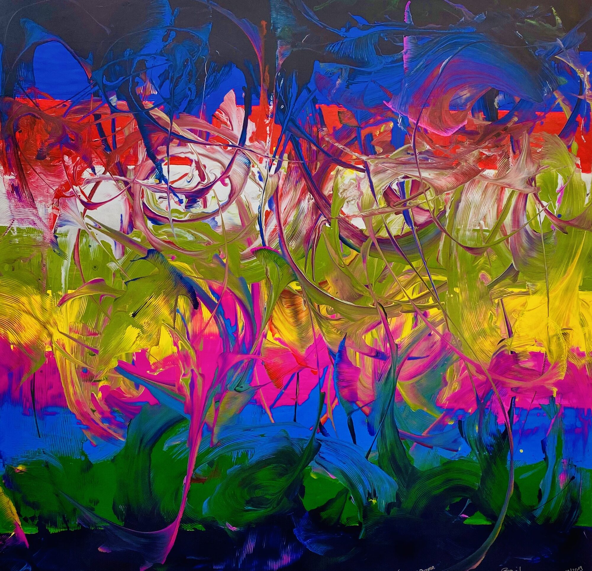 Großformatige abstrakte Acrylmalerei in Regenbogenfarben mit dynamischen Schwüngen